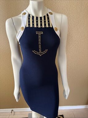 Navy & White Studded Anchor Halter Dress